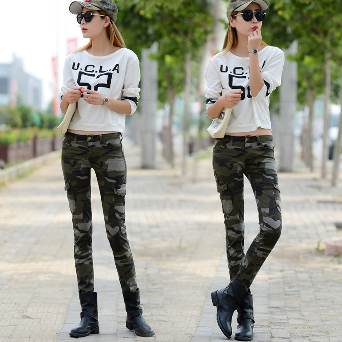 Camouflage Side Pockets Low Waist Long Pencil Pants