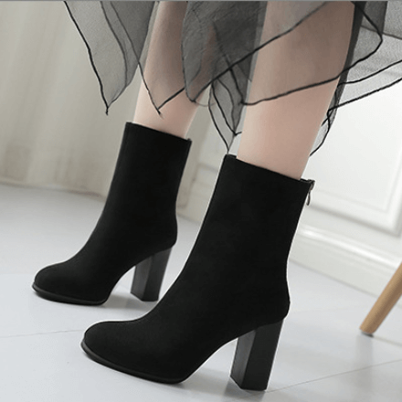 High Chunky Heel Suede Round Toe Calf Boots