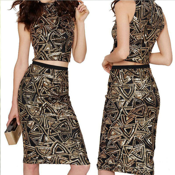 Sexy Sequins Geometric Print Knee-length Bodycon Two Pieces Dress