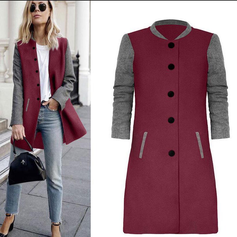 Slim Buttons Long Sleeve Stand Collar Patchwork Coat