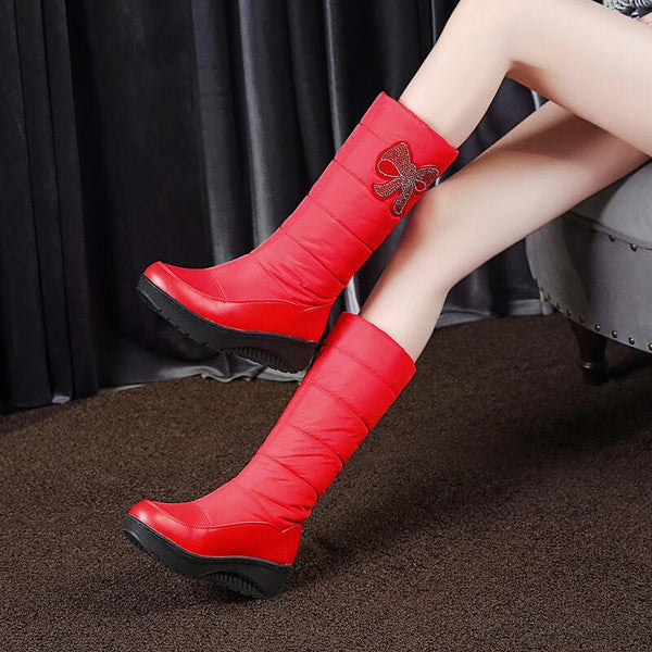 Platform Rhinestone Round Toe Flat Mid Calf Boots 
