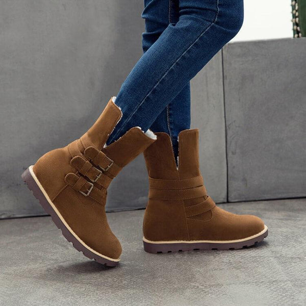Flat Suede Buckle Round Toe Calf Boots