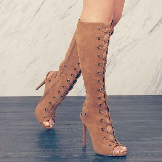 Peep Toe Lace Up Suede Over knee Boots