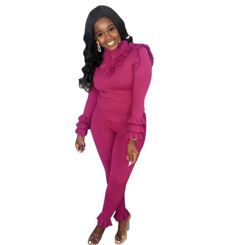 Ruffle Blouse High Waist Skinny Pants Set