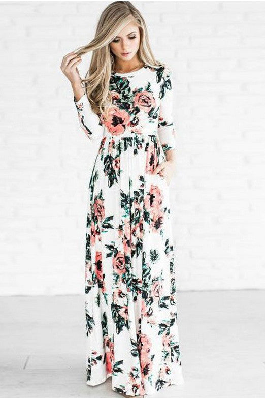 Flower Print 3/4 Sleeves High Waist Long Party Dress