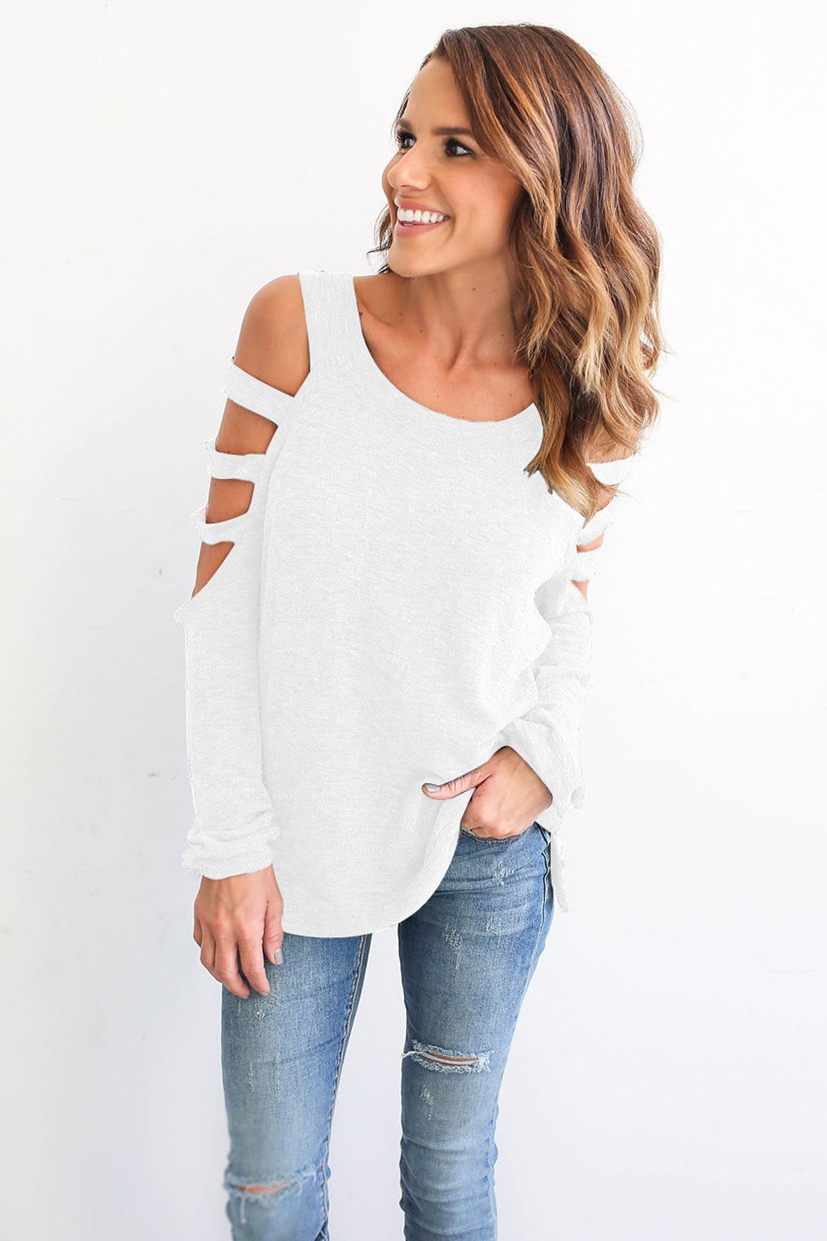 Bear Shoulder Pure Color Hollow Out Long Sleeves T-shirt