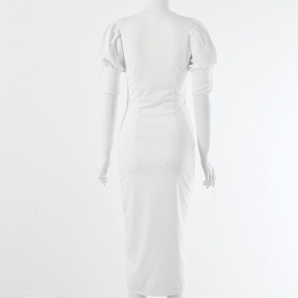 White Puff Sleeve Slits Midi Dress
