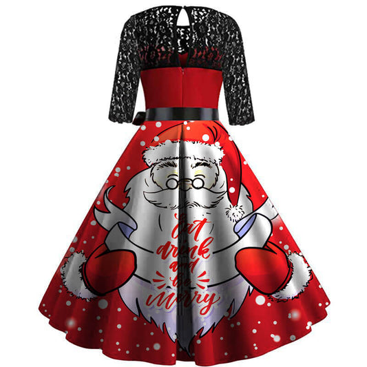 Christmas Retro Lace Splice Print Belt Dress