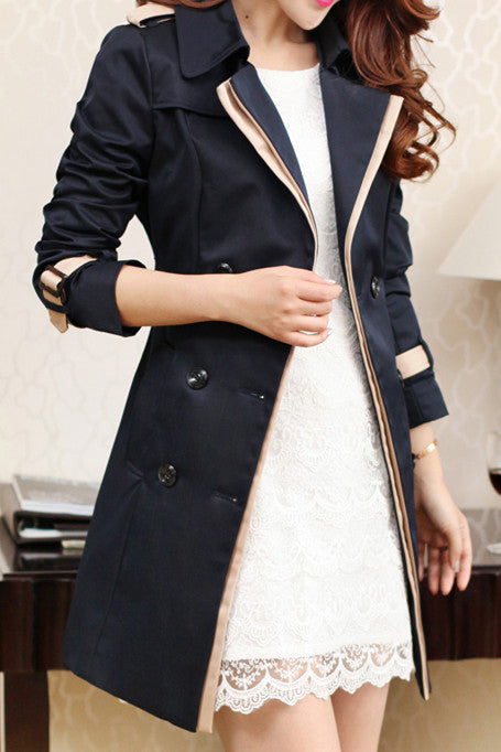 Pure Color Lapel Double Breasted Strap Belt Middle Length Coat