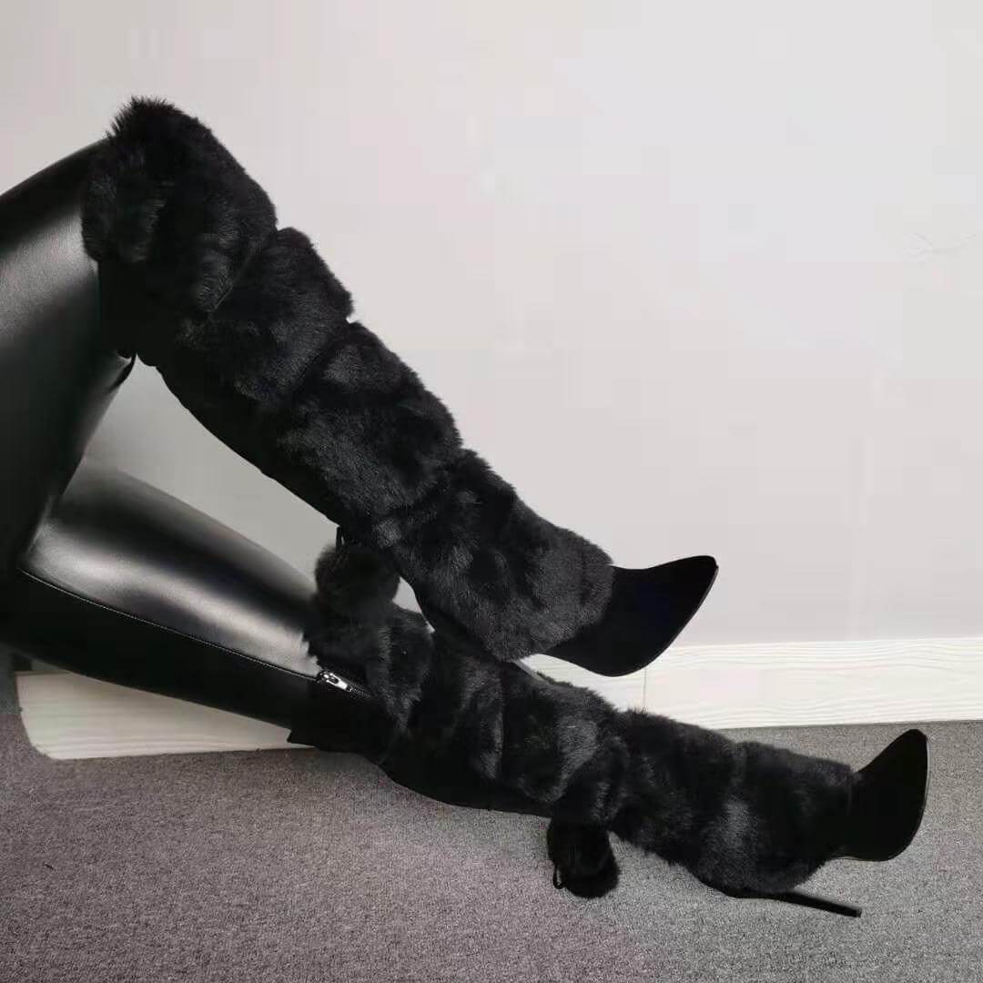 Black Fur Suede Knee High Boots