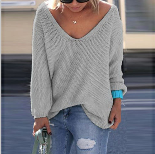 V-neck Loose Knit Pure Color Pullover Sweater - Oh Yours Fashion - 4