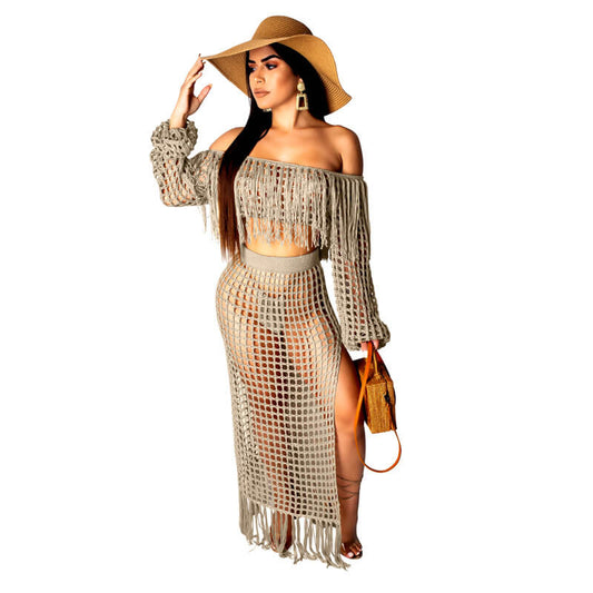 Off Shoulder Crop Top Perspective MAXI Skirt Set