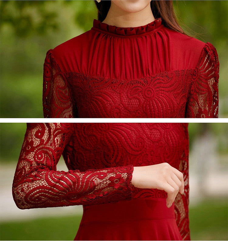 Charming Long Lace Sleeves Pleated Chiffon Long Red Maxi Dress - May Your Fashion - 5