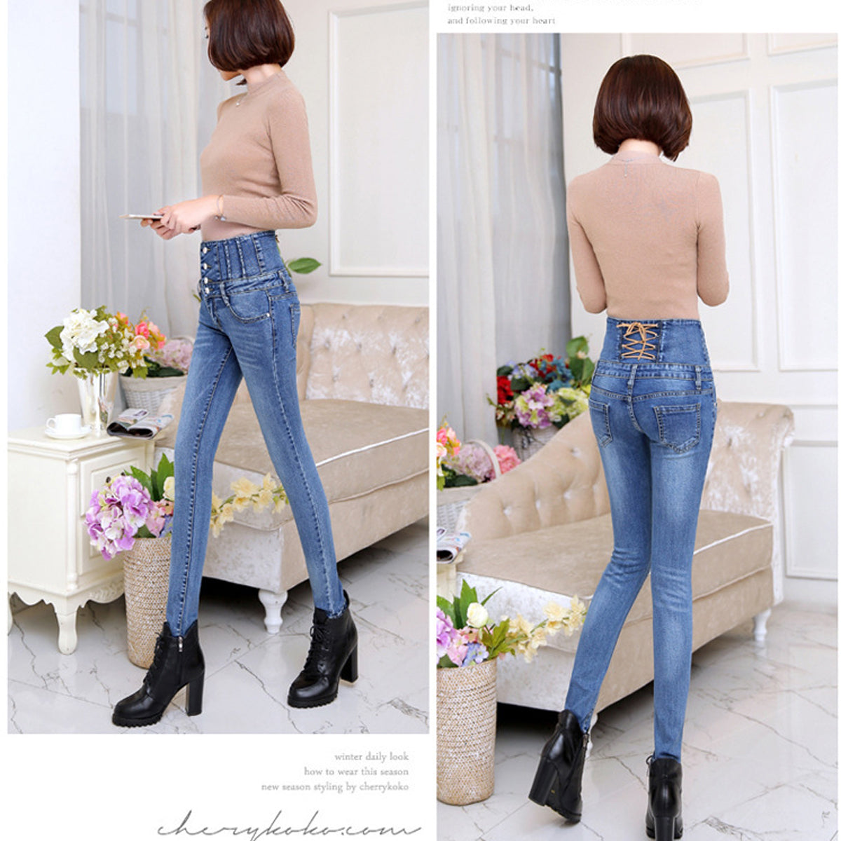 High Waist Buttons Solid Color Long Pencil Skinny Jeans