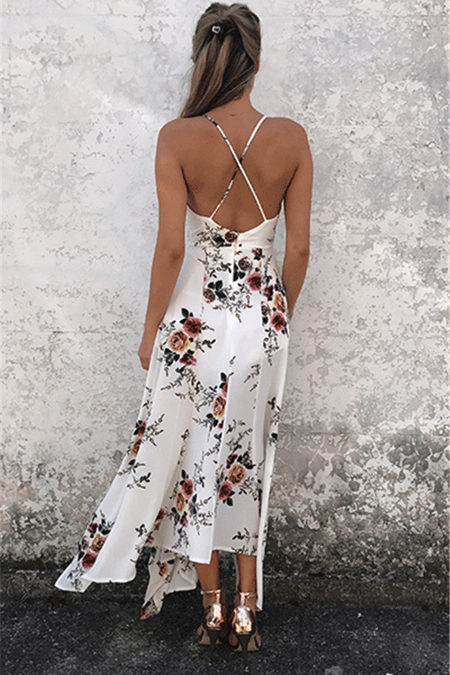 Floral Print Spaghetti Straps Irregular High Waist Bohemian Dress