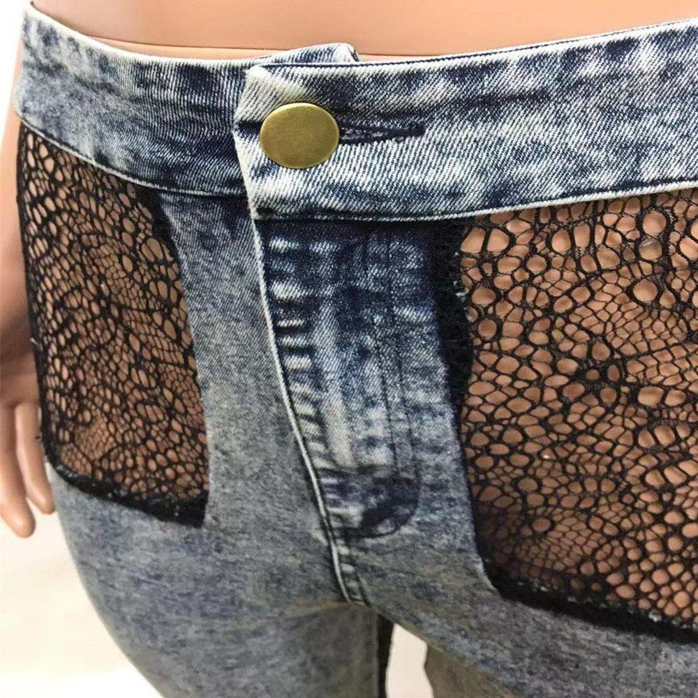 Sexy Plus Size High Waist Lace Sheer Denim Pants