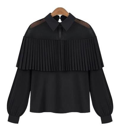 Gauze Chiffon Patchwork Turn-down Collar Long Sleeves Blouse