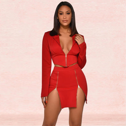 Deep V-neck Crop Top High Waist Short Skirt Set