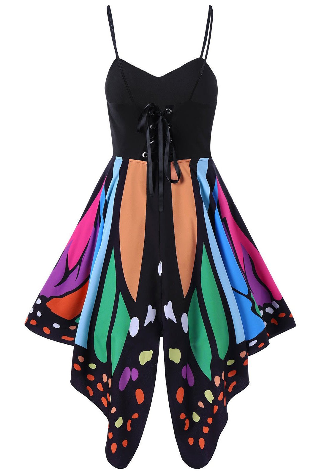 Patchwork Print Spaghetti Straps Butterfly Short Dress