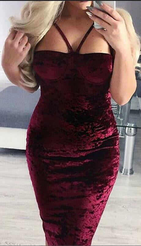 Sexy Spaghetti Strap Velvet Backless Bodycon Long Dress