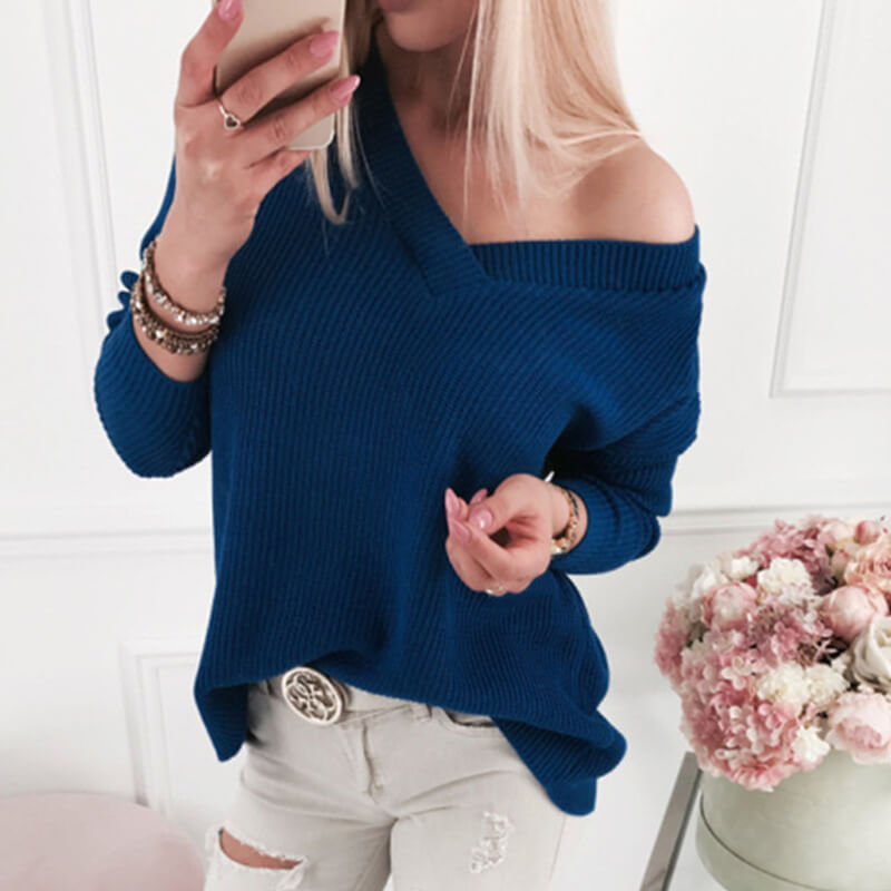 Oversized Pure Color V Neck Ribbed Knit Sweater