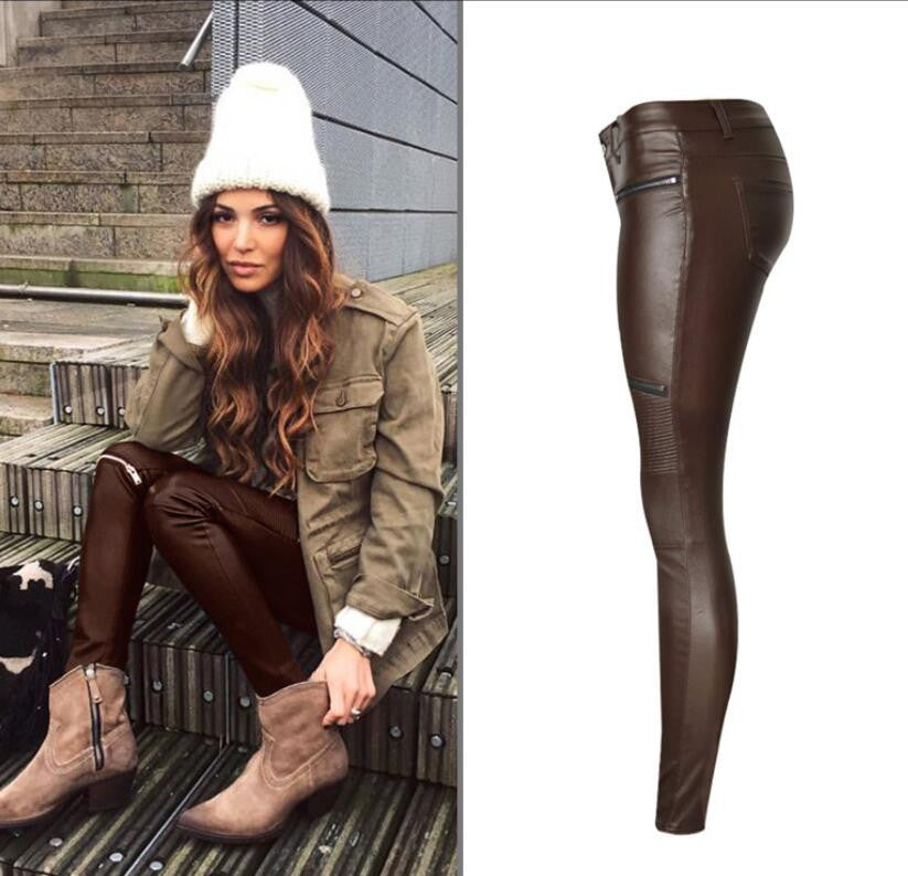 Low Waist Zippers Decoration Long Slim PU Pants