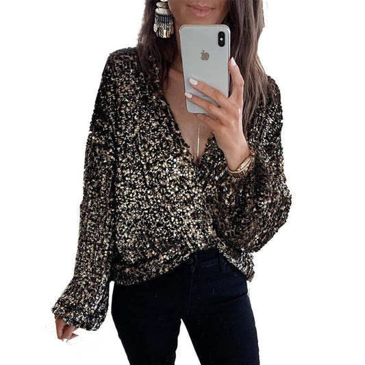 Bright Long Sleeves Deep V-neck T-shirt