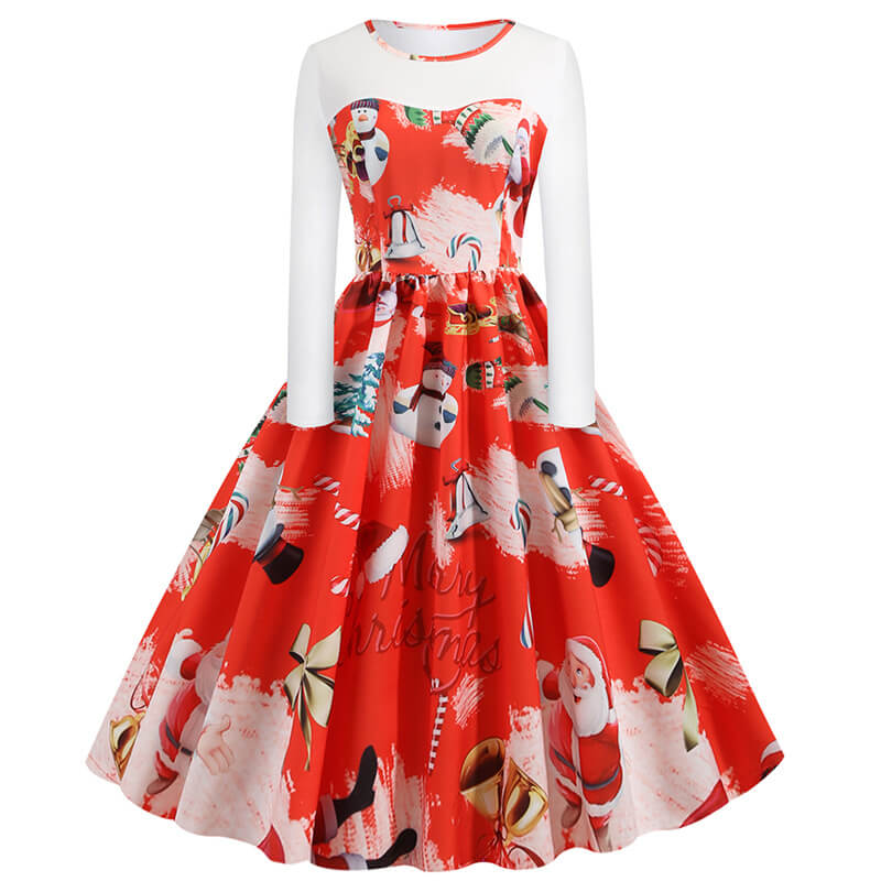Retro Christmas Santa Print Patchwork Dress