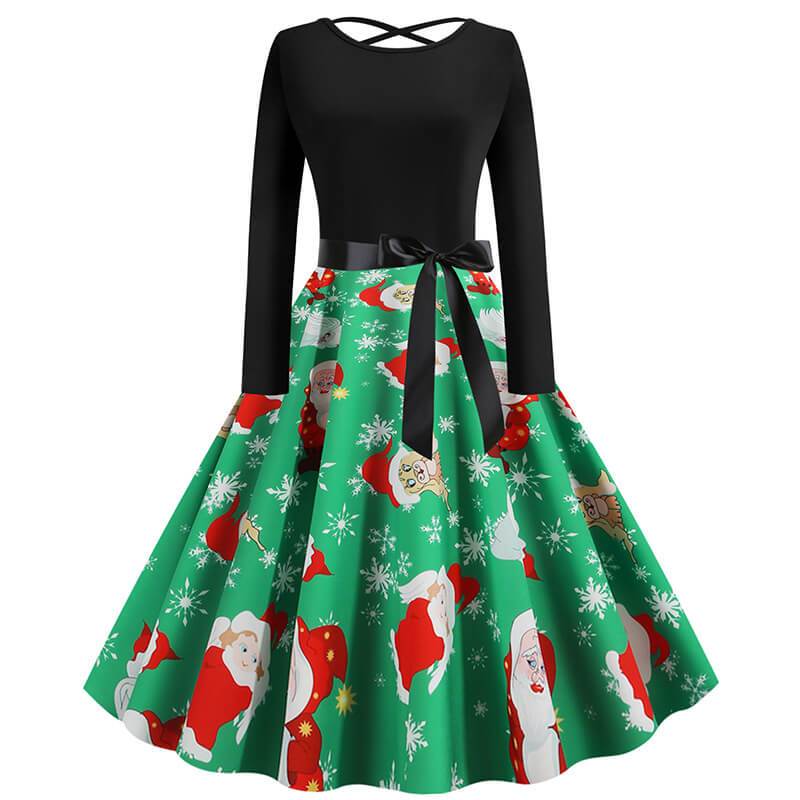 Christmas Print Crossed Back A Line Dress