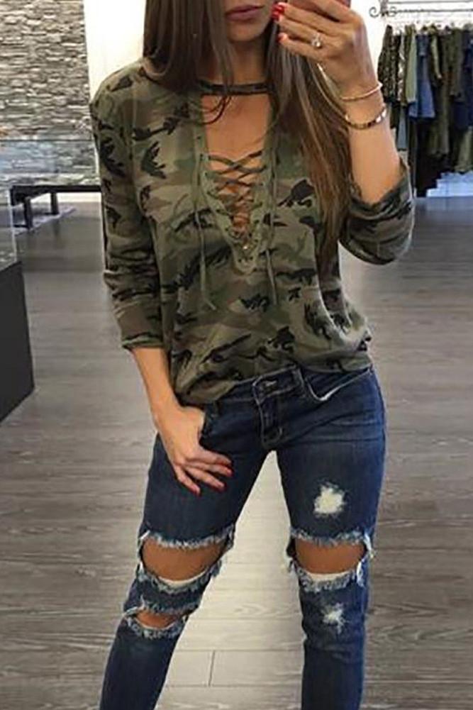V-neck Camouflage Print Long Sleeves Blouse