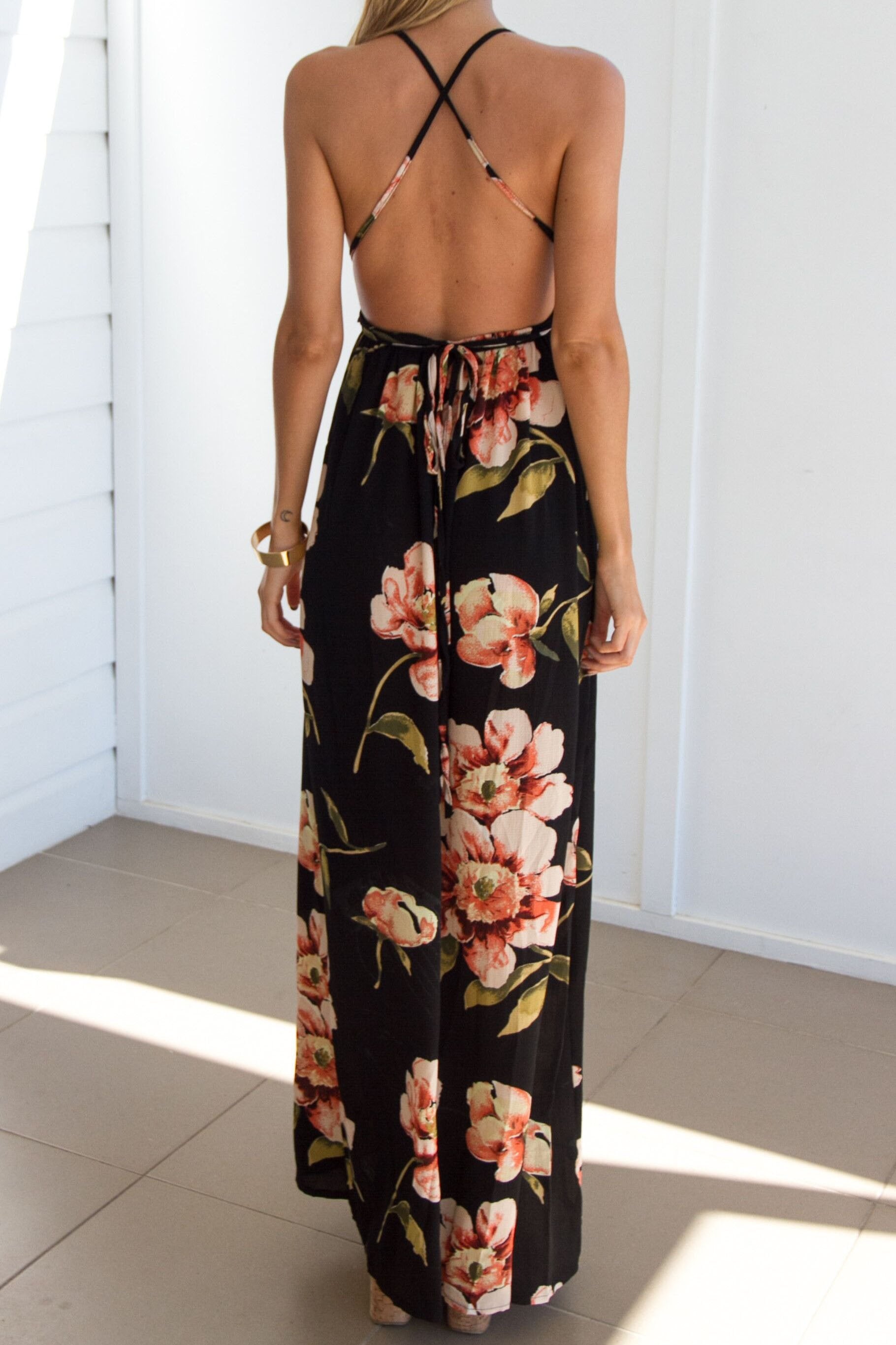 Flower Print V-neck Backless Sleeveless Long Dress