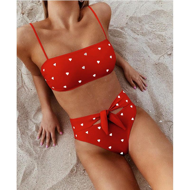 Cute Strappy Heart Print High Rise Triangle Bikinis
