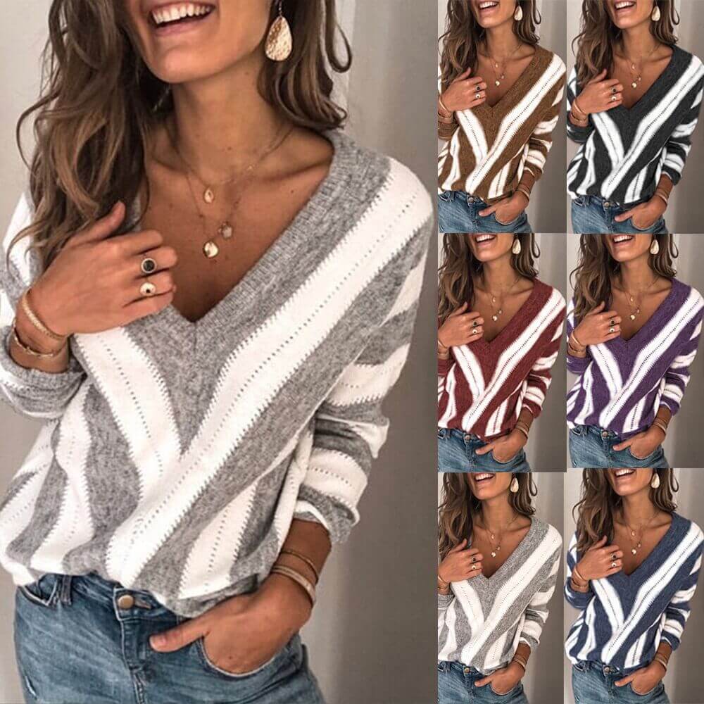 V Neck Striped Colorblock Knit Sweater
