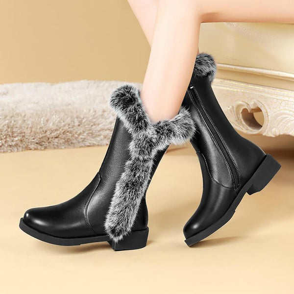 Fur Low Heel Leather Mid Calf Boots