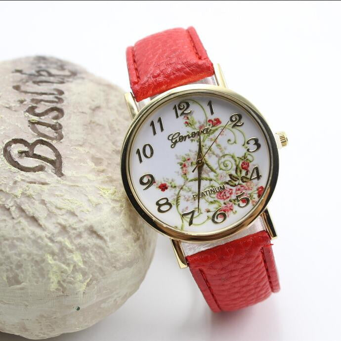 Classic Flower Print Leather Watch
