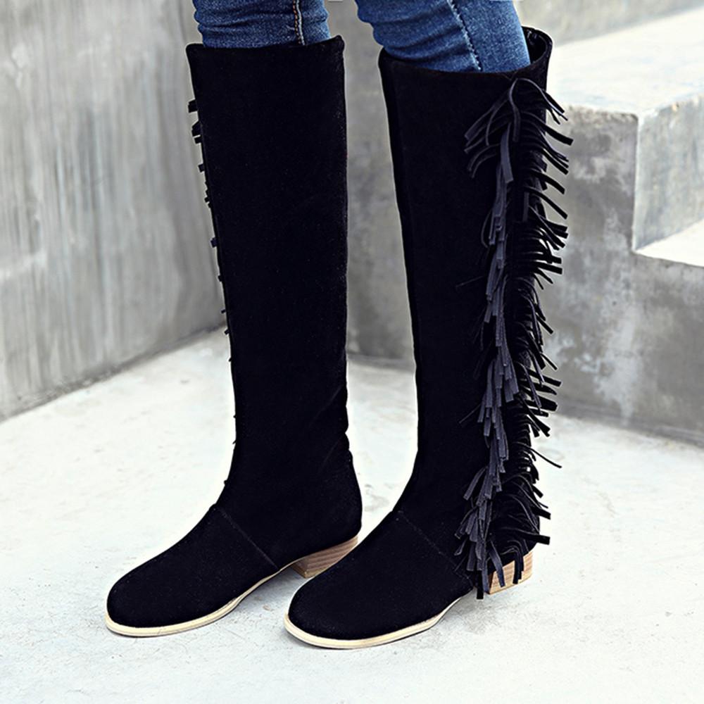 Round Head Tassels Chunky Heel High Boots