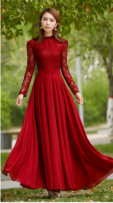 Charming Long Lace Sleeves Pleated Chiffon Long Red Maxi Dress - May Your Fashion - 4