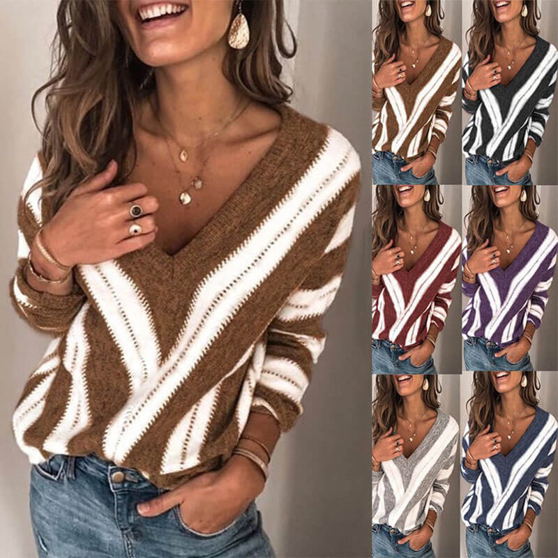 V Neck Striped Colorblock Knit Sweater