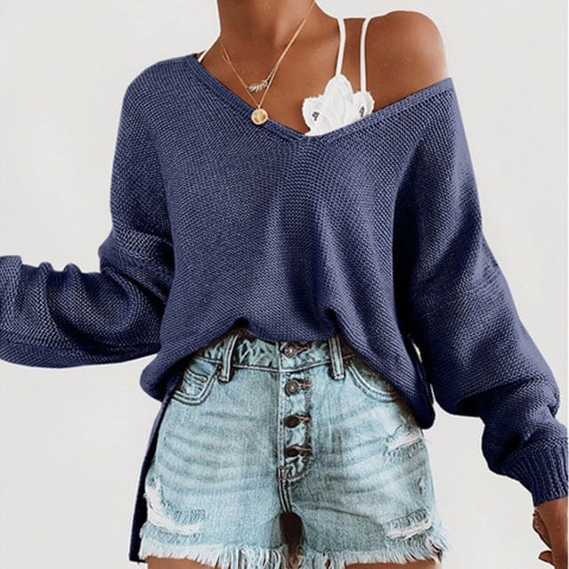 Oversized Pure Color V Neck Knit Top