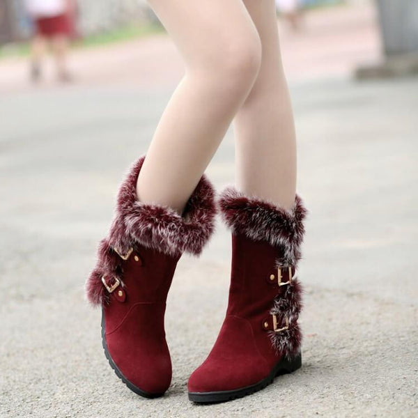 Fur Low Heel Suede Wedge Calf Boots