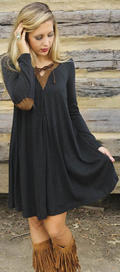 Fashion Loose Style Long Sleeve Patchwork Short Dress