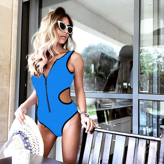 Front Zipper Cut Out Backless Solid Color One Pieces Swimwear