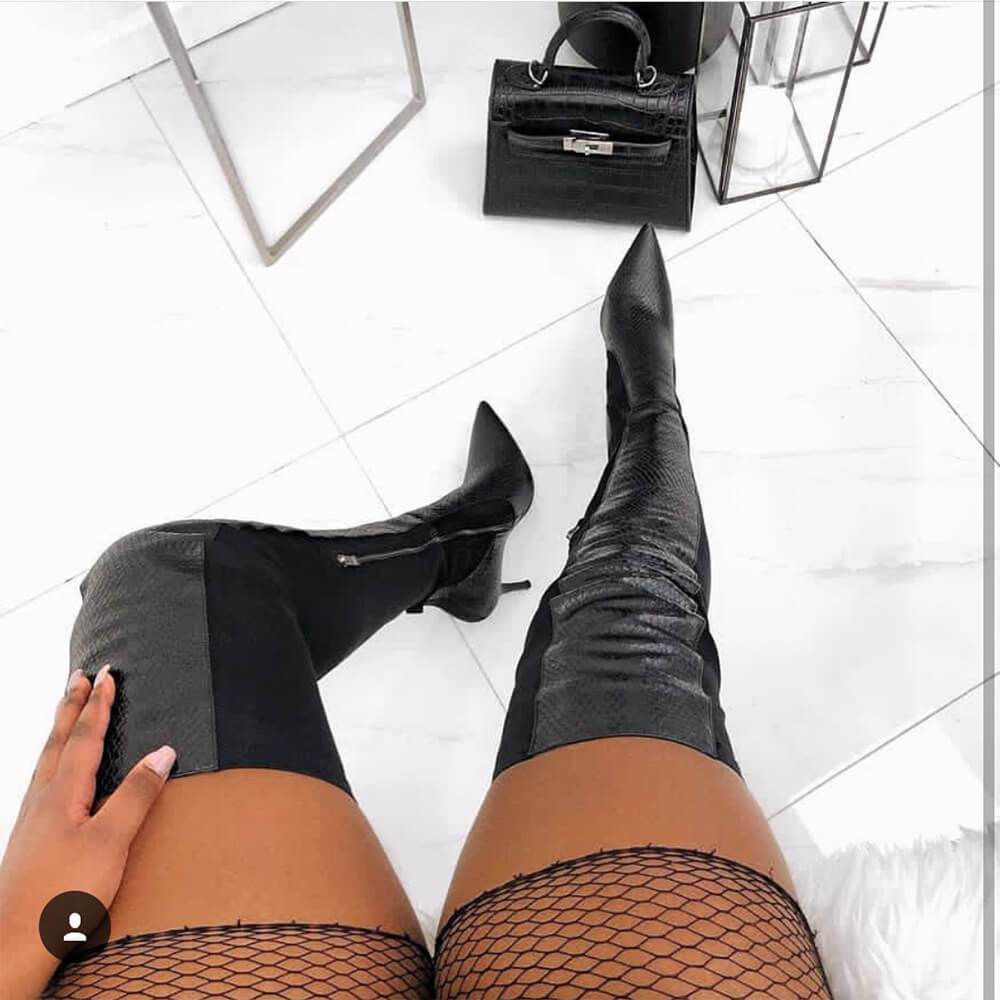 Black Pointed Toe Leather Over Knee Boots