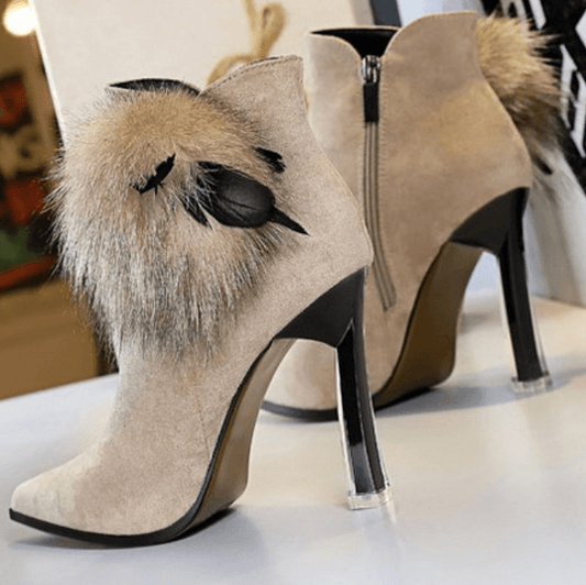 Suede Fur Point Toe Zipper High Heel Ankle Boots