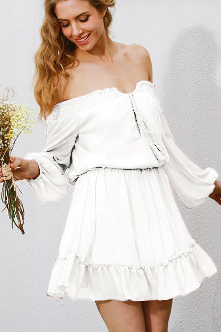 Off Shoulder Chiffon Straps Ruffles Long Sleeves Short Dress