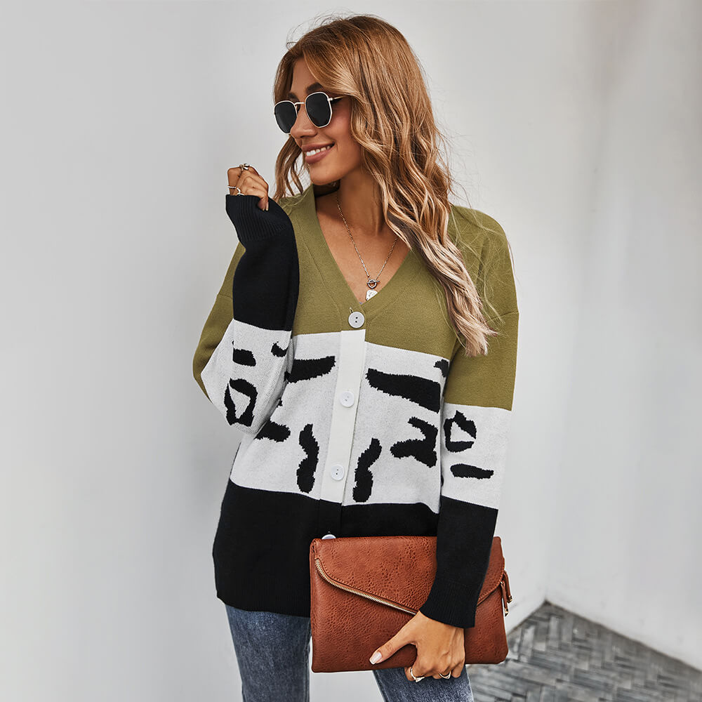 Leopard Patchwork V Neck Cardigan
