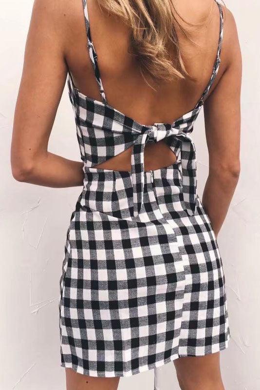 Pure Color Spaghetti Straps Sleeveless Backless Short Dress