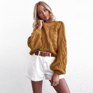 Lantern Sleeve Cut Out Knit Pullover Sweater