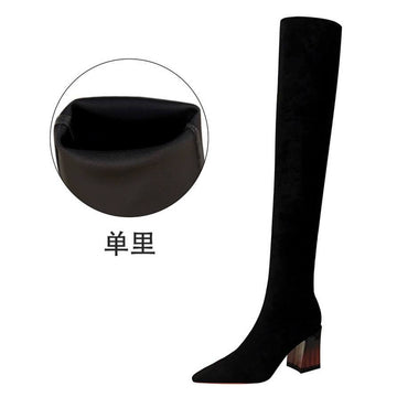 Black Suede Point Toe Chunky Heel Over Knee Boots