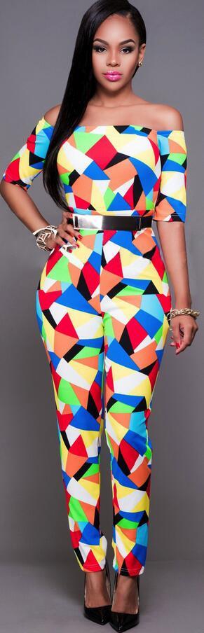 Off Shoulder Colorful Triangle Print Short Sleeve Long Jumpsuit